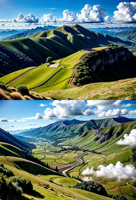  Smooth, green hills under a blue sky with some clouds.