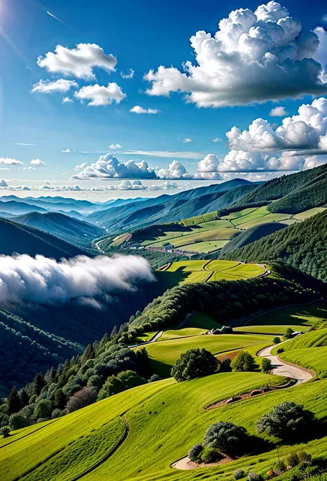  Smooth, green hills under a blue sky with some clouds.