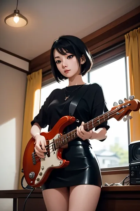 (masterpiece, Highest quality)、live house、Cute girl bassist、Dark Eyes、Gorgeous lighting、Tight mini skirt、Black Hair、Japanese women、