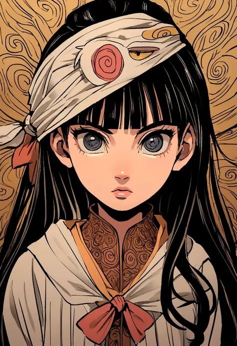 Naruto manga eslito, a girl with long hair with black bangs black eyes, mamga naruto drawing, focus on the eyes/muka, 12 year old girl, with a bow tied around her head 