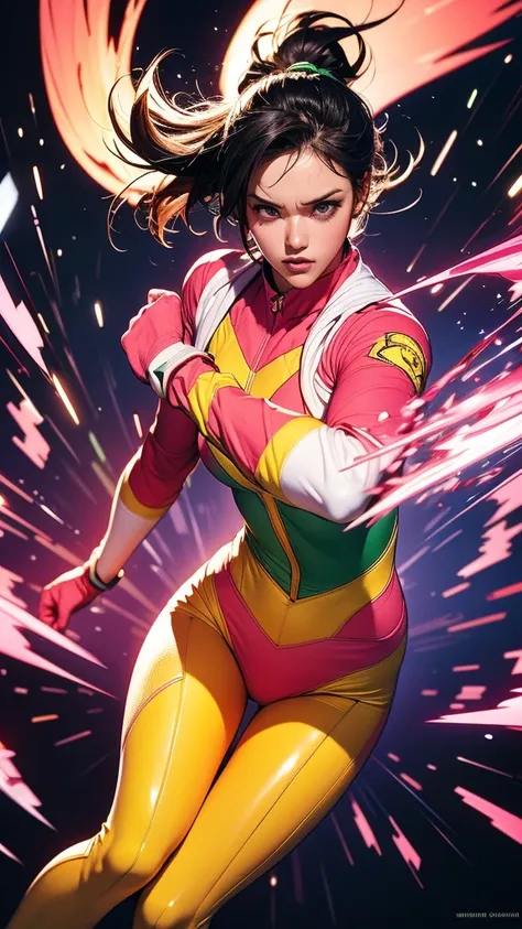 Solo, A brave and courageous image of a 6 member ranger team, Each one is decorated in vibrant colors such as:: ((Pink)), red is front of center, violet, Green, yellow, blue black, white,. Dynamic poses in a background that exudes energy and courage, neon,...