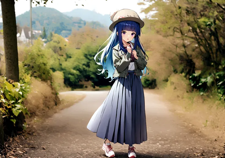 one girl, alone, full out rika, cute, blue hair, purple eyes, long hair, blunt bangs, bangs, skirt, long sleeves, hat, standing,...