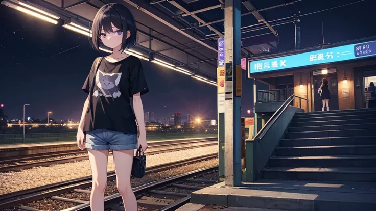 Masterpiece、super high quality、night、Wait for the train at the station platform、Cute girl holding a kitten、alone、Short Bob、Black Hair、T-Shirts、Shorts、sneakers、Eyes are purple、Sadness atmosphere、night景、