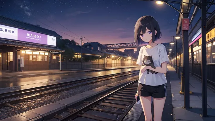 Masterpiece、super high quality、night、Wait for the train at the station platform、Cute girl holding a kitten、alone、Short Bob、Black Hair、T-Shirts、Shorts、sneakers、Eyes are purple、Sadness atmosphere、night景、