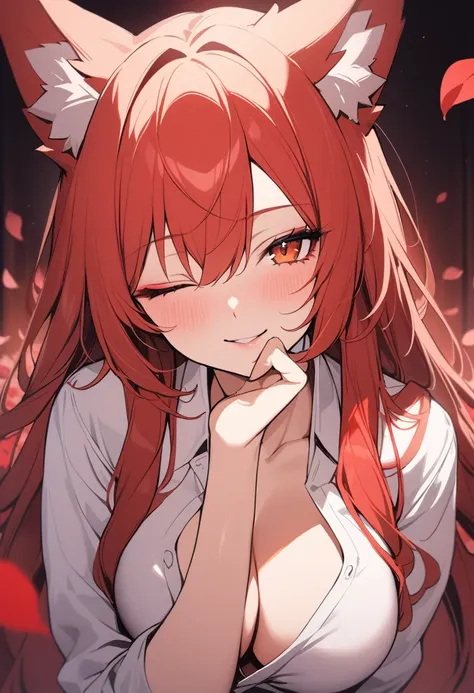 1girl, 20s, upper body, red hair, very long hair, fox ears, white shirt, breasts, looking at viewer, seductive smile, one eye closed, hand on own chin , petals, masterpiece, best quality