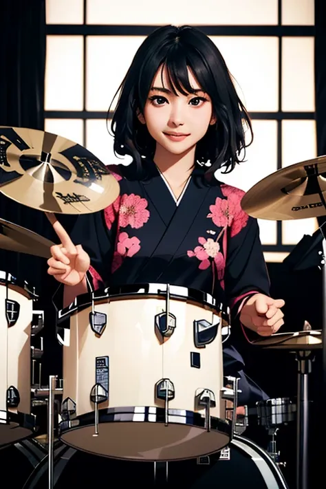 (masterpiece, Highest quality)、live house、drumの後ろで、かわいい女の子がdrumを叩いている、Dark Eyes、Gorgeous lighting、Black Hair、Japanese women、drummer、drumセット、drum、