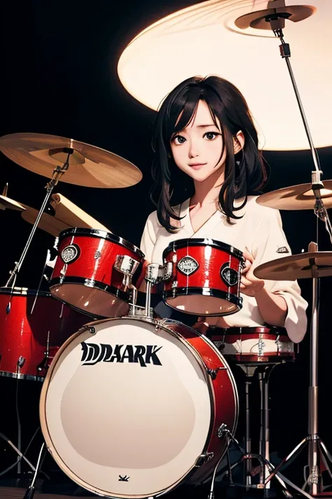 (masterpiece, Highest quality)、live house、drumの後ろで、かわいい女の子がdrumを叩いている、Dark Eyes、Gorgeous lighting、Black Hair、Japanese women、drummer、drumセット、drum、