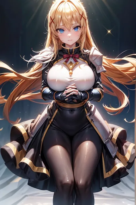 Solo, Darkness, Darkness (Konosuba), Long Fluffy Blonde-Orange Hair, Sparkling Blue Eyes, Beautiful Face, Huge Breast Size, Slim Waist, Wide Hips, Thick Thighs, (Crusader Light Armour, White-Gold Coloured Armour), Excited Perverted Expression, Eyes Wide, S...