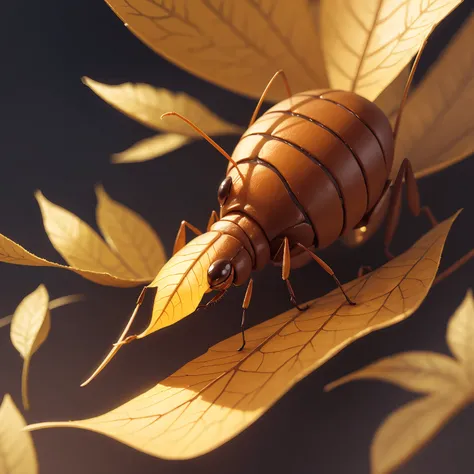 An ant stands on a golden leaf floating in the air