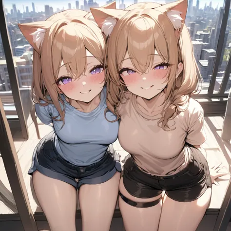 masterpiece, best quality, absurdres, two heads, conjoined, 2girls, cat ears, shirt, shorts, city background, smile