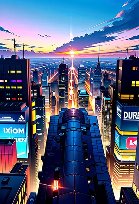  View of a modern city at dusk, with the colorful sky.