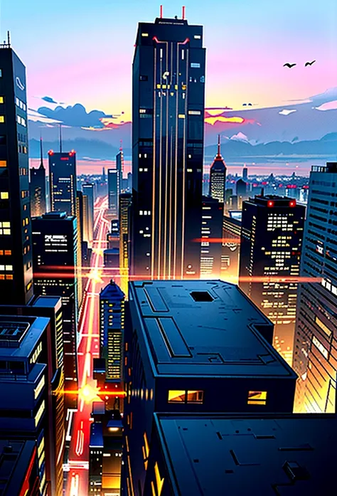  View of a modern city at dusk, with the colorful sky.