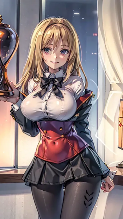 1girl, blonde hair, huge breasts, office, (office skirt, shirt, evil smile, (hourglass figure), black tights 