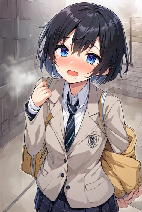 one girl, black hair, short hair, boyish, blue eyes, high school student, school blazer, naive, slender, necktie, foggy, aphrodisiac, open mouth, drool, cute