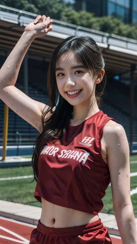 ((masterpiece, Best image quality, High resolution、solo、、Sleeveless track and field uniforms、Track and field athlete、High ponytail hairstyles、No good、Esbian all over、Laughter、smile、Shiny skin、Glowing Skin))、Sweaty face、Latina, Puberty, Sweaty、Red lipstick、...