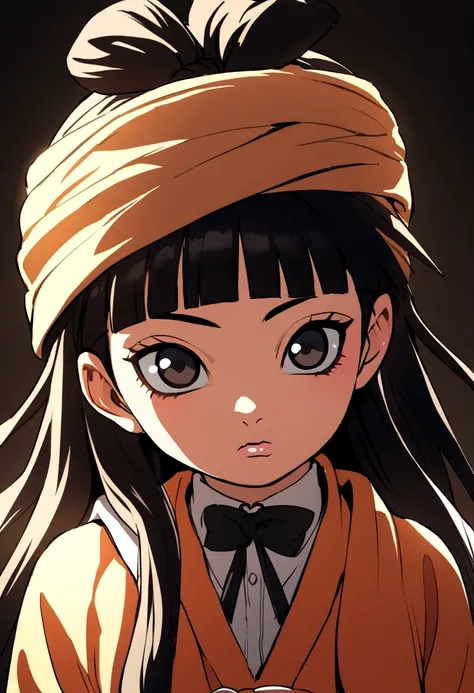 Naruto manga eslito, a girl with long hair with black bangs black eyes, mamga naruto drawing, focus on the eyes/muka, 12 year old girl, with a bow tied around the head at the top 