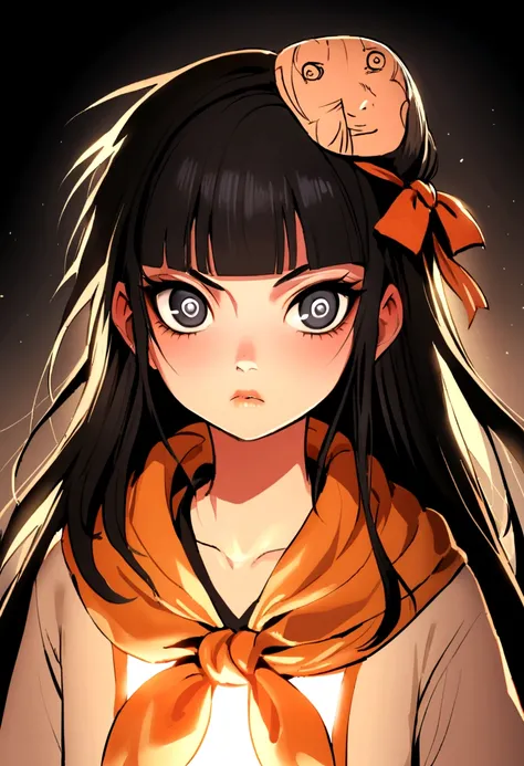 Naruto manga eslito, a girl with long hair with black bangs black eyes, mamga naruto drawing, focus on the eyes/muka, 12 year old girl, with a bow tied around the head at the top 