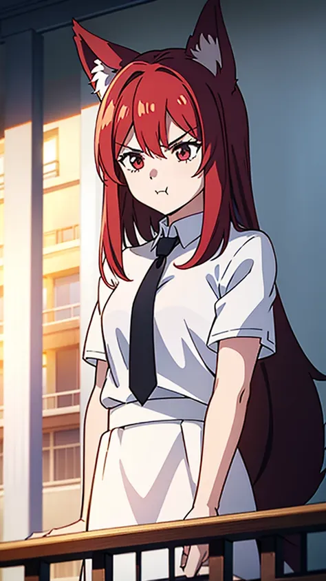 1girl ,20s,angry face,white shirt,short sleeves,(black standard tie),white school skirt,(red hair),long hair,fox ears,Shot from below,university balcony,pout