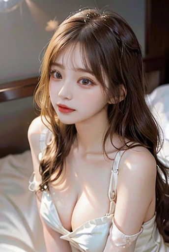 16k,high-resolution,soft focus,beautiful realistic photo,slim girl,long wavy hair,flat chest,on love_hotel_bed