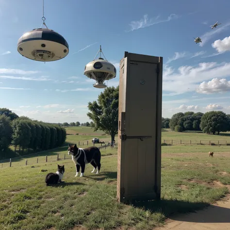 UFO abducting a cat on a farm 