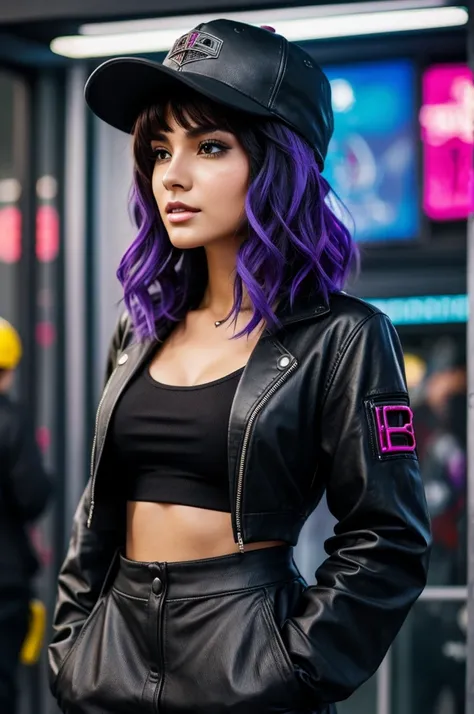 Beautiful woman medium hair, usando gorra, ropa corta estilo cyberpunk