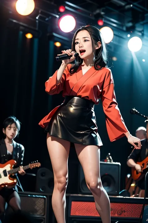 (masterpiece, Highest quality)、live house、Cute girl vocalist、Dark Eyes、Gorgeous lighting、Tight mini skirt、Black Hair、Japanese women、Stand microphone、