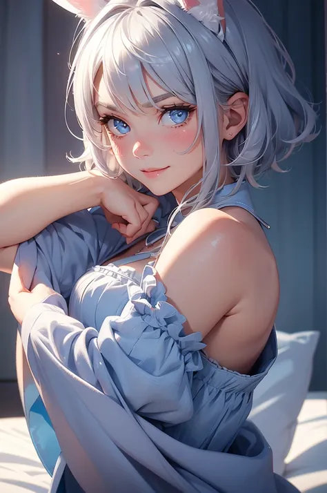 loking at viewer, light smile, blush,, o, cowboy shot, v arms, short silver hair, blue eyes, serious looks. looking at viewer, c...