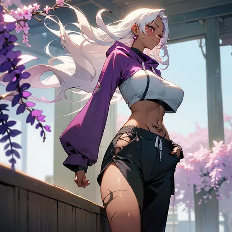 1female, sexy, big breast, young adult, dark skin, finely detailed plum eyes, wild medium hair, seashell white hair color, crop top oversized hoodie, baggy pants, standing on building, day time, tokyo streets, excited expression, tattoos, wisteria flowers,...