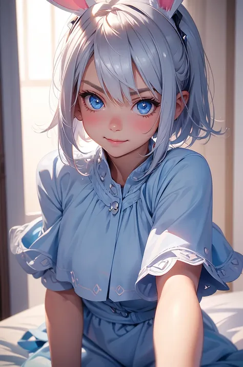 loking at viewer, light smile, blush,, o, cowboy shot, v arms, short silver hair, blue eyes, serious looks. looking at viewer, c...