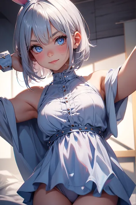 loking at viewer, light smile, blush,, o, cowboy shot, v arms, short silver hair, blue eyes, serious looks. looking at viewer, cowboy shot, solo, silver bunny ears, one bed #Anime. lack bodysuit, fur trim, gloves, blue boots floating armor, power armror