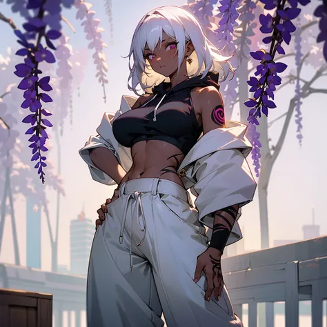 1female, sexy, young adult, dark skin, finely detailed plum eyes, wild medium hair, seashell white hair color, crop top oversized hoodie, baggy pants, standing on building, day time, tokyo streets, somber expression, tattoos, wisteria flowers, scars