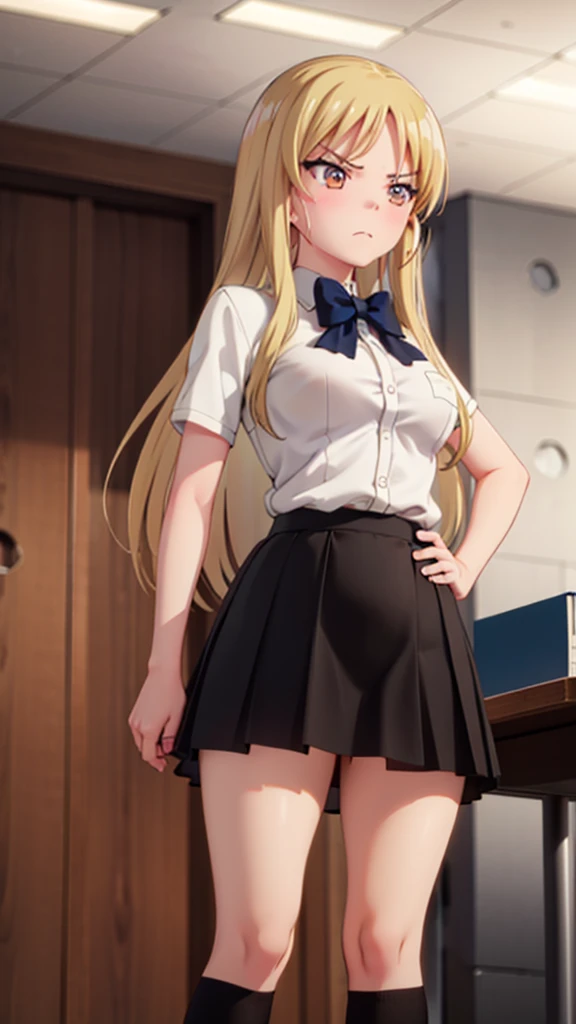 1girl, blonde hair, office, (office skirt), shirt, (angry), (hourglass figure), black tights, (black skirt), (from below), ((pus...