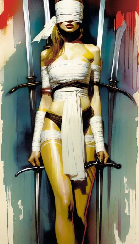 woman bound with bandages, eyes covered, tied, 8 swords stuck in the ground (art inspired by Bill Sienkiewicz)
