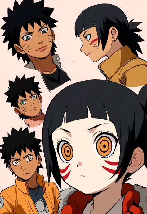 Naruto manga eslito, a girl with long black hair with bangs (Hinata&#39;s hair style) eyes black, mamga naruto drawing, focus on the eyes/muka, 12 year old girl,