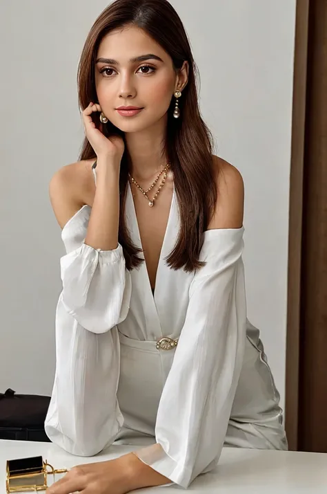 (Create a photo of a slim woman with a toned body). She has fair skin, brown eyes and long, wavy brown hair with caramel highlights (she is 27 years old). She is dressed elegantly and sophisticatedly. She wears a sophisticated set of elegant white blouse a...