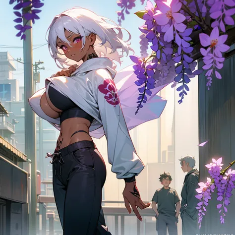 1female, sexy, big breast, young adult, dark skin, finely detailed plum eyes, wild medium hair, seashell white hair color, crop top oversized hoodie, baggy pants, standing on building, day time, tokyo streets, excited expression, tattoos, wisteria flowers,...