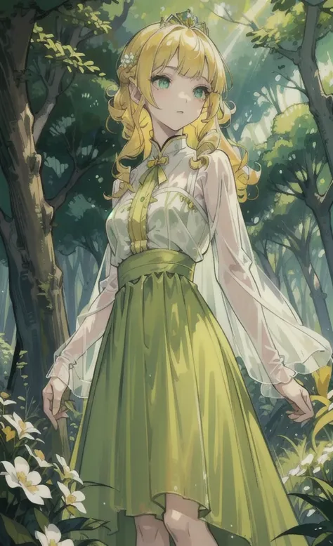 girl,yellow hair,Curly hair,light green eyes,Wear a sheer skirt.,princess dress,atmosphere in the forest,There are big trees.,There are small flowers.,Clear picture,Clear face,Masterpiece