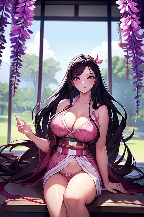 rialistic photo、Real Images、Top image quality、​masterpiece, (Pink kimono), seductived faced, good lighting, beautiful thigh、adult appeal、Adults、Big、cleavage, finely detail, ​masterpiece,I can see my panties、 radiant eyes, 1girl in, A dark-haired, SUCK, Kam...