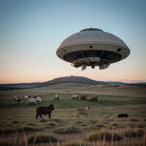 UFO seen in the distance on the grasslands abducting animals while people watch in amazement 