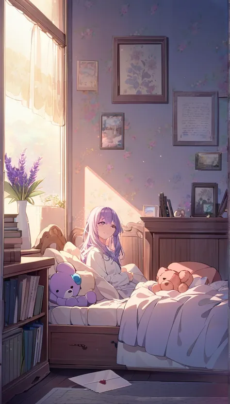 best quality:1.2,ultra-detailed,,long lavender hair,purple eyes,soft smile,tired eyes,gentle expression,sleepy atmosphere,peaceful setting,farewell mood,calming ambiance,serene tone,anime style,lucid dream lighting,cozy bedroom,soft sunlight filtering,flow...