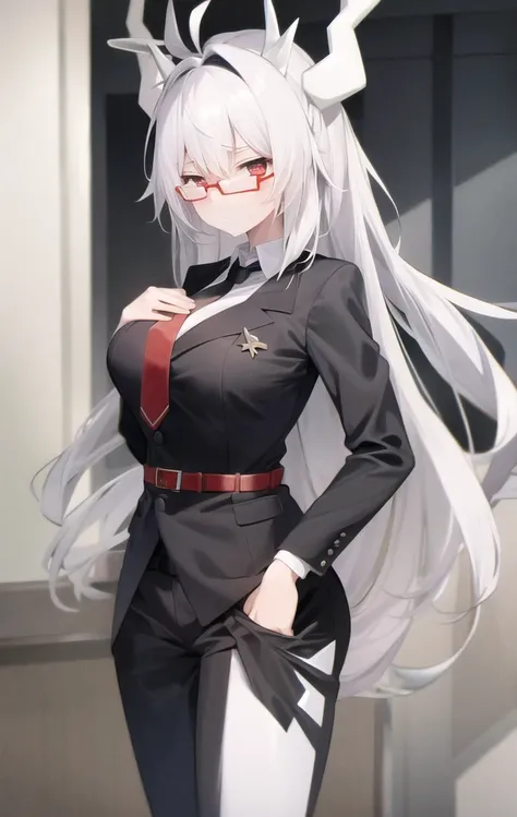 Lucifer(lucky winner),Rim glasses,class room,embarrased,Blushing Nose,interruption,
 chemise, pants, white mitts, waist belt, demon antlers,
Jumpy,melancholy (Expression),
black necktie, gazing at viewer, formal, demon girl, Eyes red, 1 girl, White hair, T...