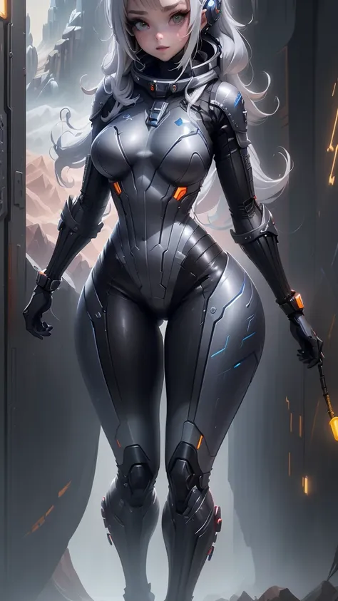 girl in space with a spaceship in the background, thick and smooth warframe thighs, gynoid body, wear a space suit, centaur astr...