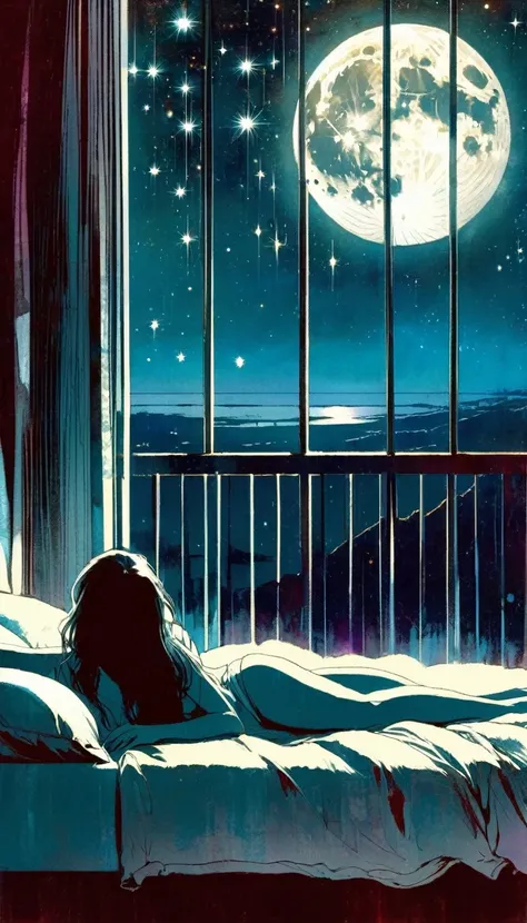 sexy girl cries in bed, sadness, loneliness, large window with views of the moon and stars (art inspired by Bill Sienkiewicz)
