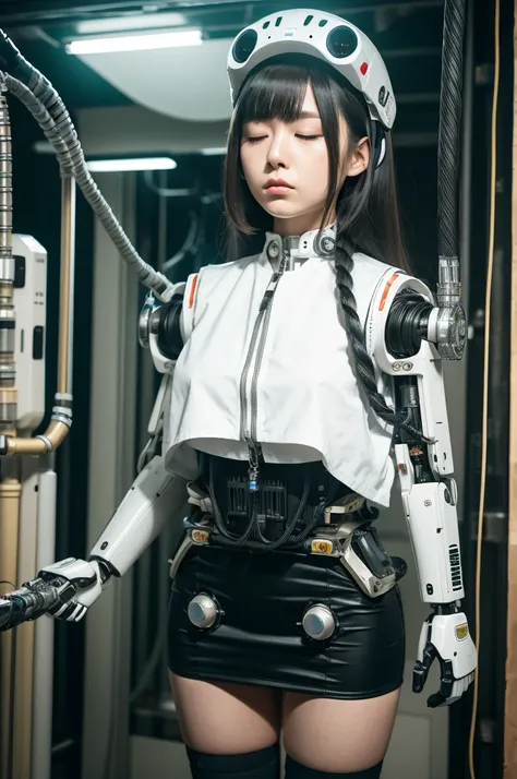 masterpiece, best quality, extremely detailed, Japaese android girl,Plump , control panels,android,Droid,Mechanical Hand, Robot arms and legs,Blunt bangs,perfect robot girl,long tube,thick cable connected her neck,android,robot,humanoid,cyborg,japanese cyb...