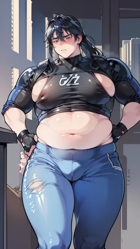 ((masterpiece, 4k quality, highly detailed)), cybernetic legs, visor, long hair, neon highlights, big belly, fat belly, ((android boy)), ((solo male)), exposed belly, blushing, sweating, ((sci-fi)), choker, cyberpunk clothes, skimpy clothes, soft skin, whi...