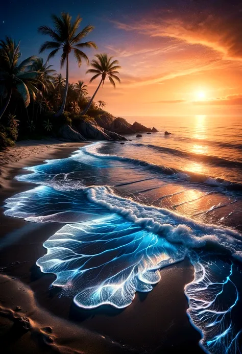 pristine beach at night with a bioluminescent and crystalline sea, viewed from a high vantage point. a surreal scene at the beac...