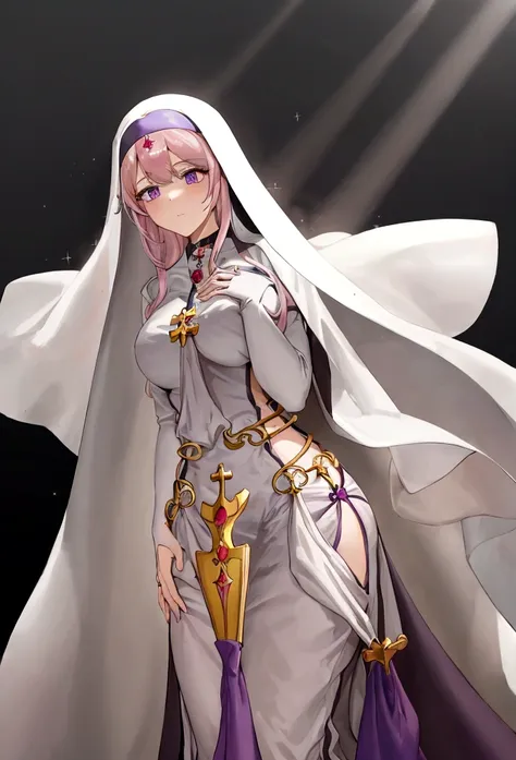 Create a best quality anime style art image of a white woman with long pastel pink hair. She has bangs and purple eyes. She is a nun (nun) dressed in royal clothes in black tones, offwhite, full of golden details. She is praying with a serious expression o...