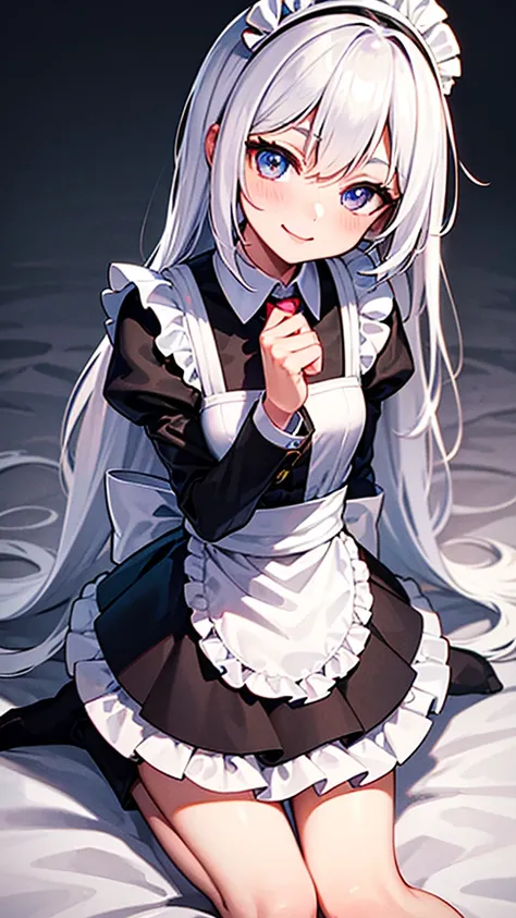 A girl with white hair with pink , blue eyes , tender look , girl suit {{Kind of Maid}} {{Little girl}} hair neither so short nor so long  , passive smile 