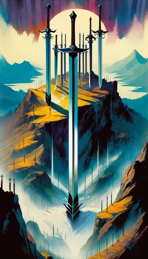 8 swords stuck in the ground, on top of a mountain (art inspired by Bill Sienkiewicz)
