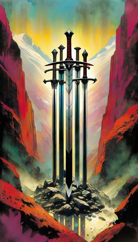 8 swords stuck in the ground, on top of a mountain (art inspired by Bill Sienkiewicz)
